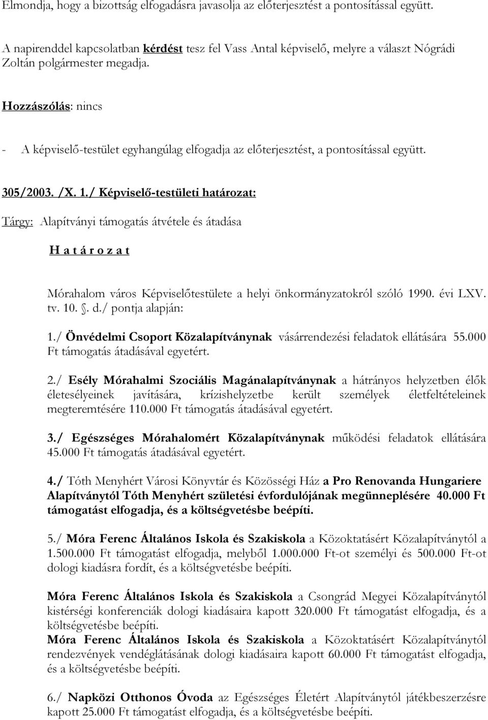 - A képviselő-testület egyhangúlag elfogadja az előterjesztést, a pontosítással együtt. 305/2003. /X. 1.