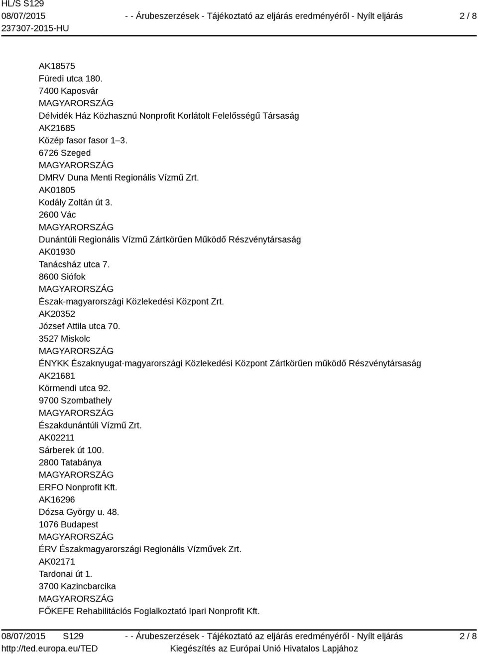 AK20352 József Attila utca 70. 3527 Miskolc ÉNYKK Északnyugat-magyarországi Közlekedési Központ Zártkörűen működő Részvénytársaság AK21681 Körmendi utca 92. 9700 Szombathely Északdunántúli Vízmű Zrt.