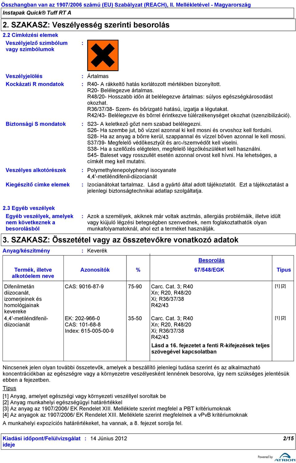 korlátozott mértékben bizonyított. R20 Belélegezve ártalmas. R48/20 Hosszabb időn át belélegezve ártalmas súlyos egészségkárosodást okozhat. R36/37/38 Szem és bőrizgató hatású, izgatja a légutakat.