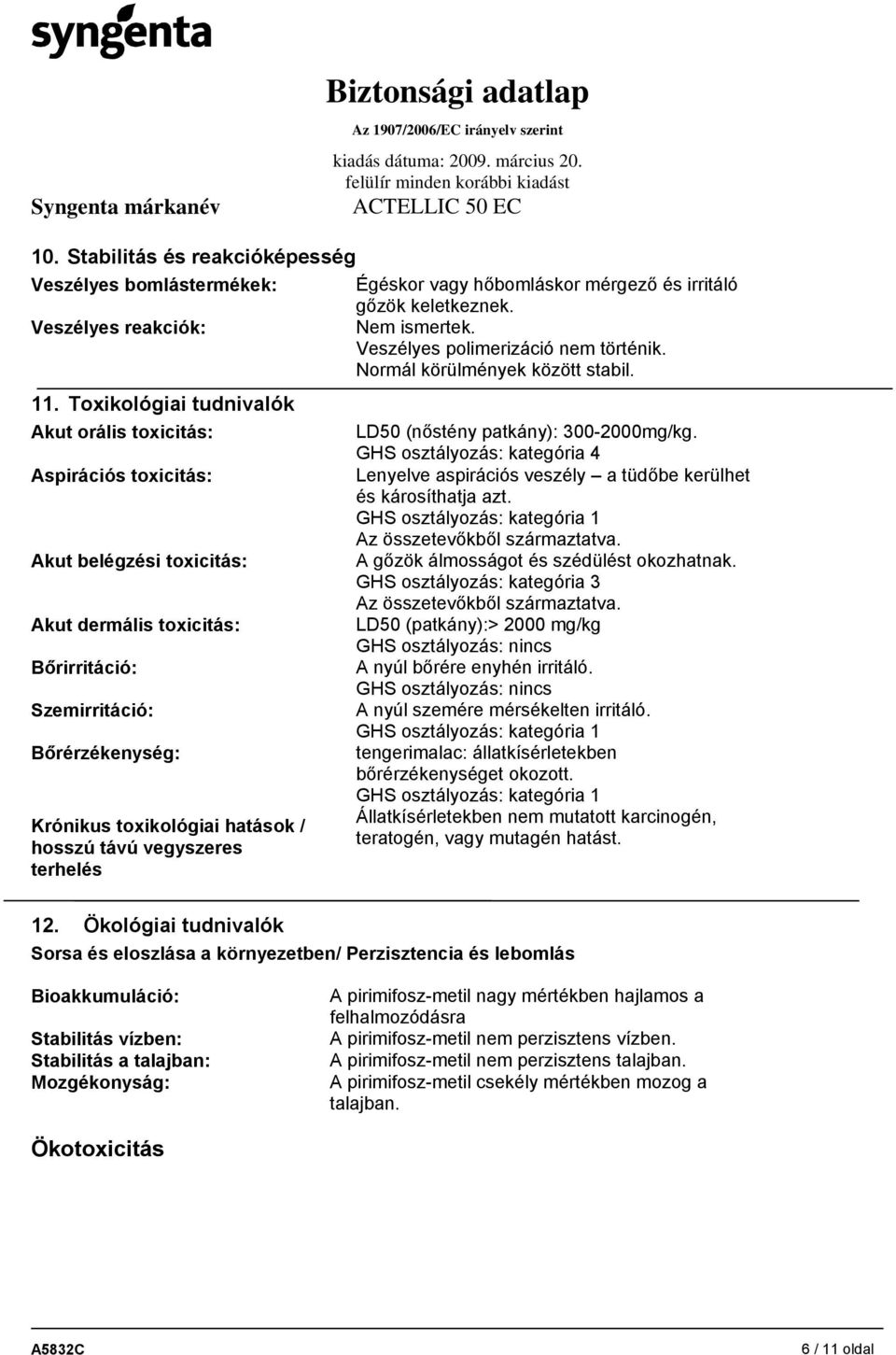 Toxikológiai tudnivalók Akut orális toxicitás: Aspirációs toxicitás: Akut belégzési toxicitás: Akut dermális toxicitás: Bőrirritáció: Szemirritáció: Bőrérzékenység: Krónikus toxikológiai hatások /