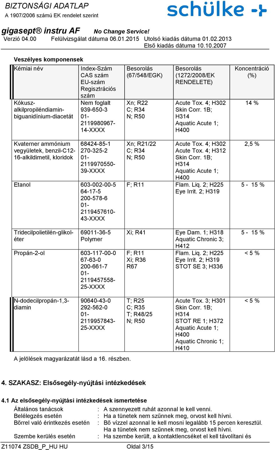 1B; H314 Aquatic Acute 1; H400 Koncentráció (%) 14 % Kvaterner ammónium vegyületek, benzil-c12-16-alkildimetil, kloridok 68424-85-1 270-325-2 01-2119970550- 39-XXXX Etanol 603-002-00-5 64-17-5