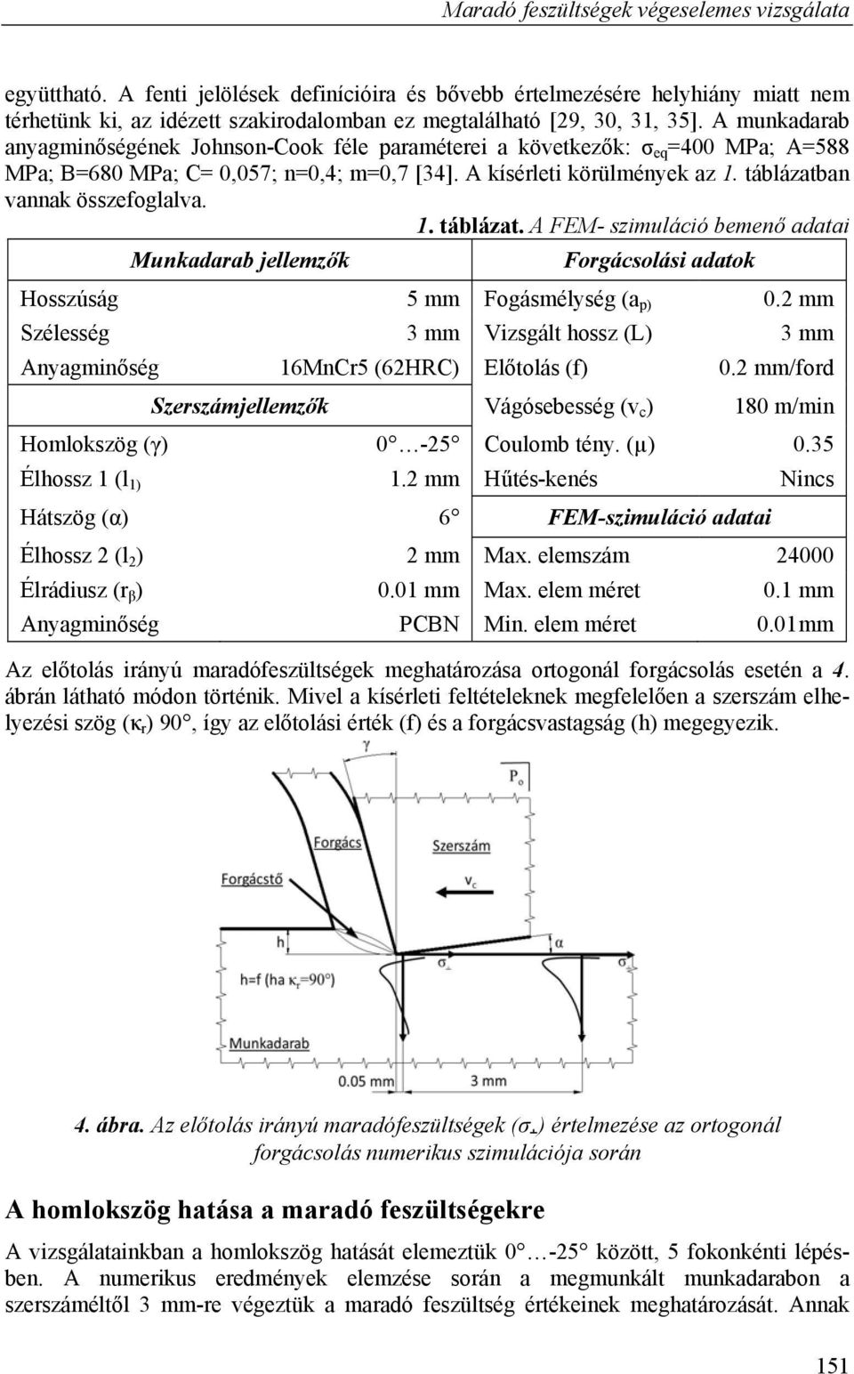 A munkadarab anyagminőségének Johnson-Cook féle paraméterei a következők: σ eq =400 MPa; A=588 MPa; B=680 MPa; C= 0,057; n=0,4; m=0,7 [34]. A kísérleti körülmények az 1.