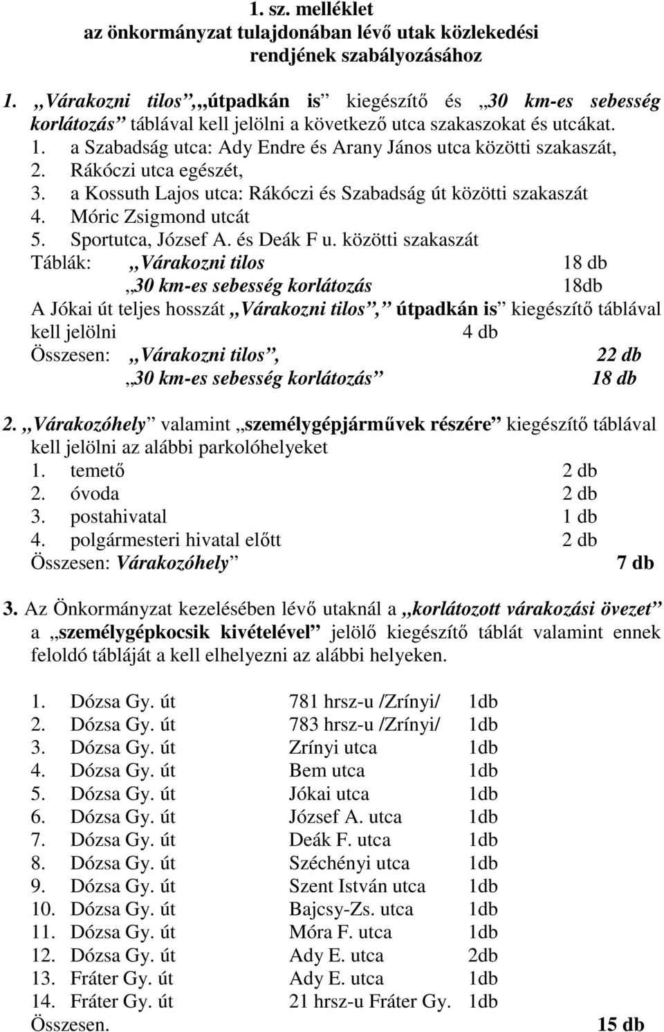 a Szabadság utca: Ady Endre és Arany János utca közötti szakaszát, 2. Rákóczi utca egészét, 3. a Kossuth Lajos utca: Rákóczi és Szabadság út közötti szakaszát 4. Móric Zsigmond utcát 5.