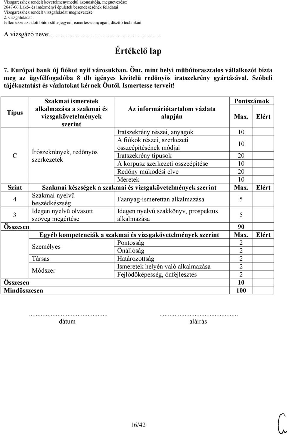 Típus Szakmai ismeretek alkalmazása a szakmai és vizsgakövetelmények szerint Az információtartalom vázlata alapján Pontszámok Max.