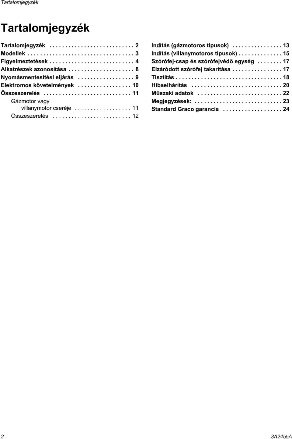 ................. 11 Összeszerelés......................... 12 Indítás (gázmotoros típusok)................ 13 Indítás (villanymotoros típusok).............. 15 Szórófej-csap és szórófejvédõ egység.