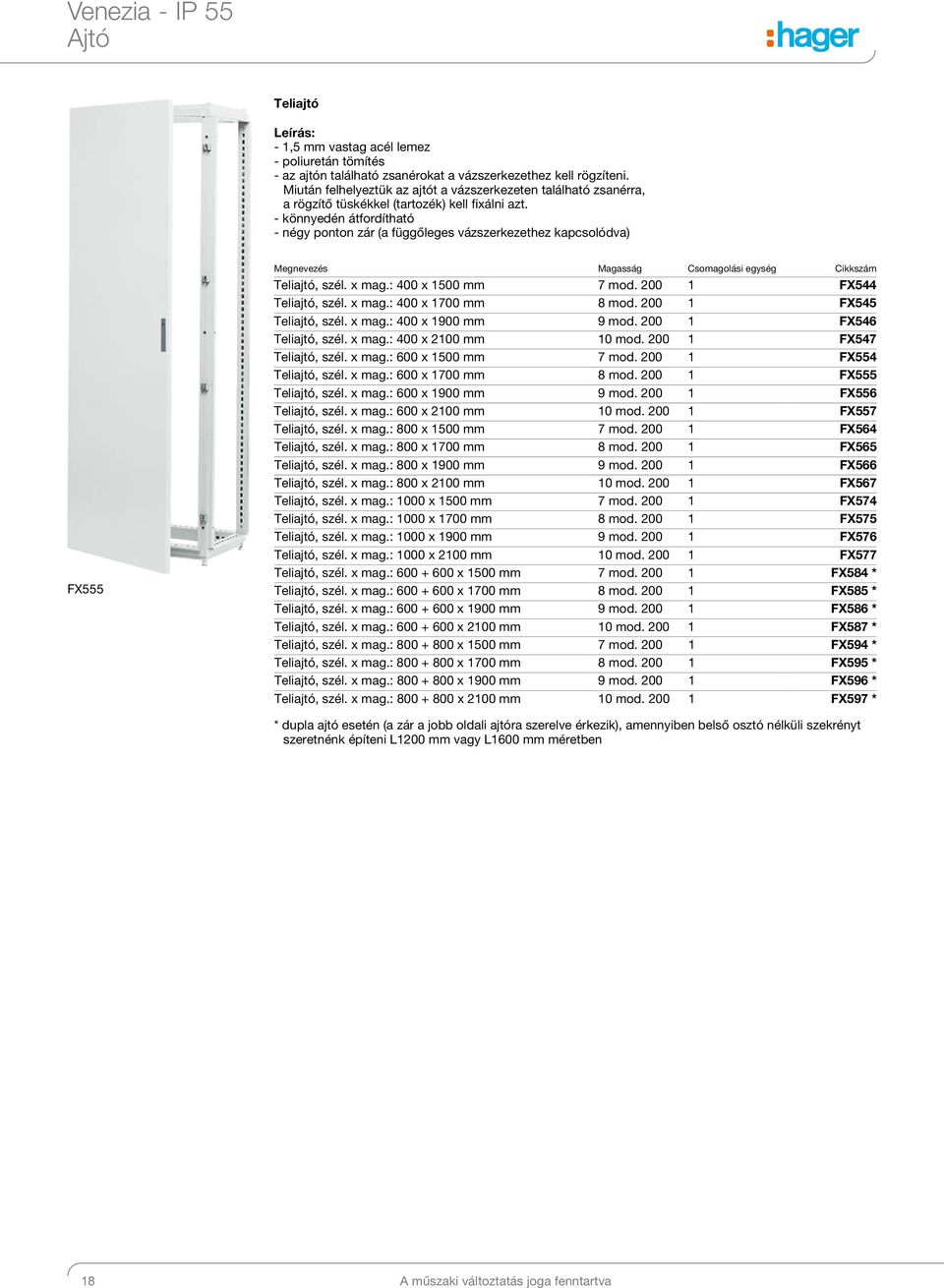 - könnyedén átfordítható - négy ponton zár (a függőleges vázszerkezethez kapcsolódva) FX555 Teliajtó, szél. x mag.: 400 x 500 mm 7 mod. 00 FX544 Teliajtó, szél. x mag.: 400 x 700 mm 8 mod.