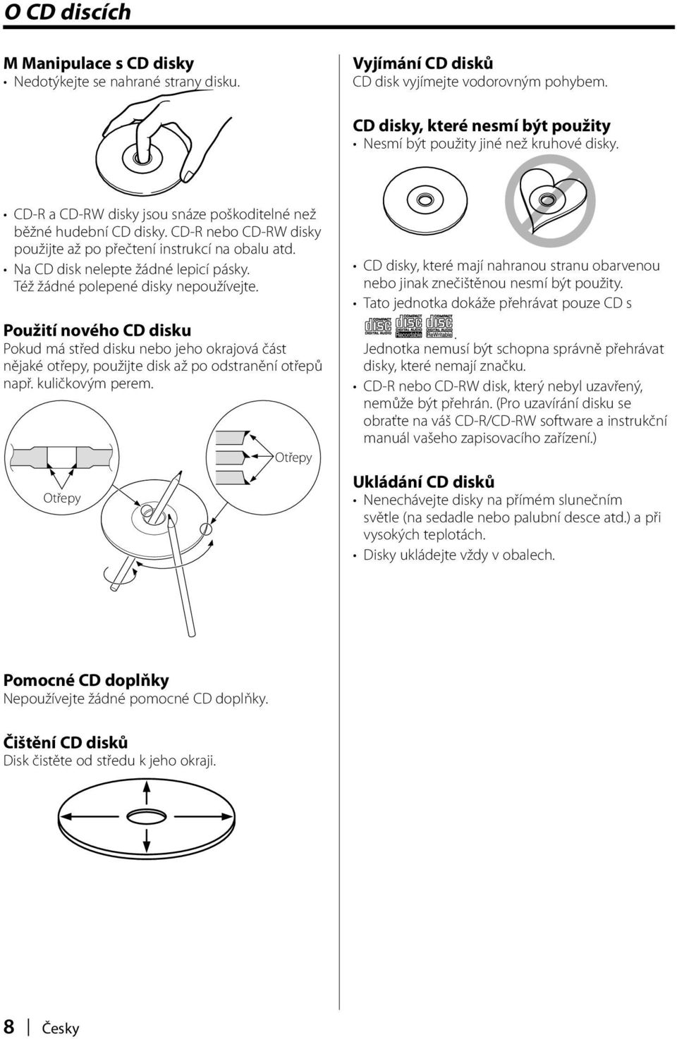 CD-R nebo CD-RW disky použijte až po přečtení instrukcí na obalu atd. Na CD disk nelepte žádné lepicí pásky. Též žádné polepené disky nepoužívejte.