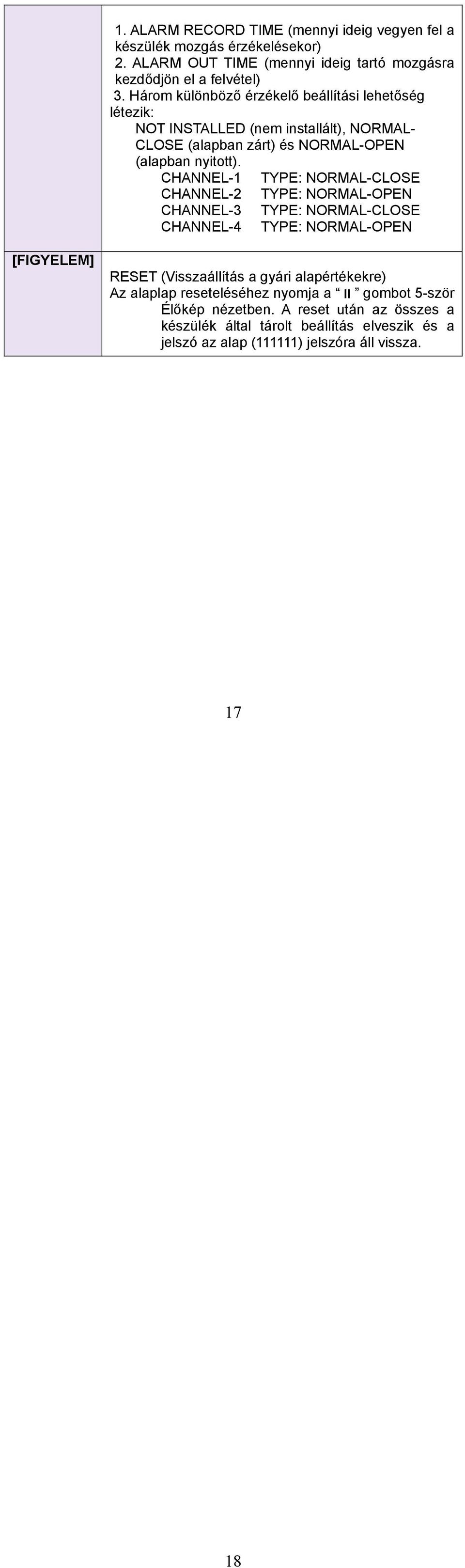 CHANNEL-1 TYPE: NORMAL-CLOSE CHANNEL-2 TYPE: NORMAL-OPEN CHANNEL-3 TYPE: NORMAL-CLOSE CHANNEL-4 TYPE: NORMAL-OPEN [FIGYELEM] RESET (Visszaállítás a gyári