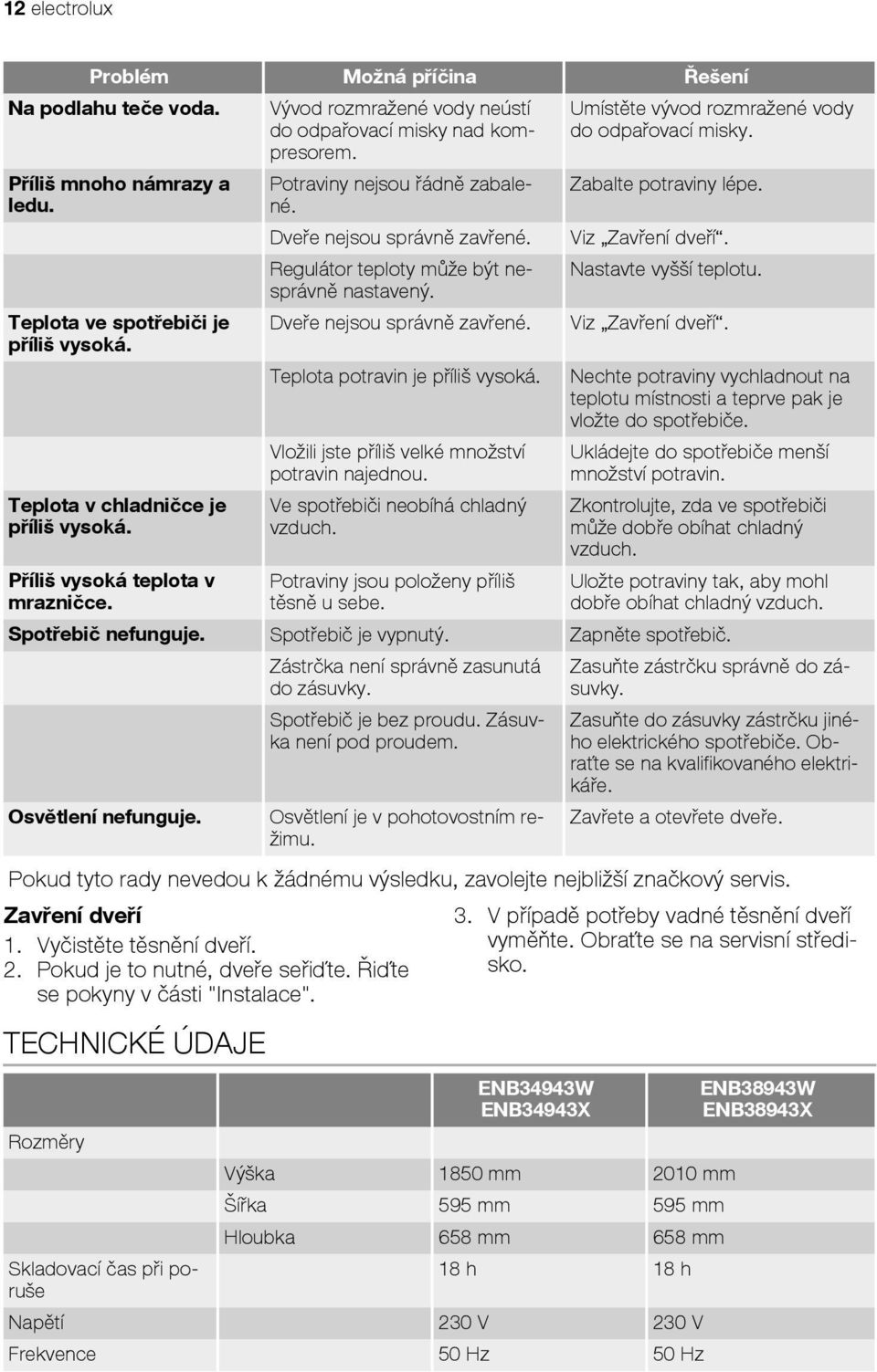 Regulátor teploty může být nesprávně nastavený. Dveře nejsou správně zavřené. Teplota potravin je příliš vysoká. Vložili jste příliš velké množství potravin najednou.