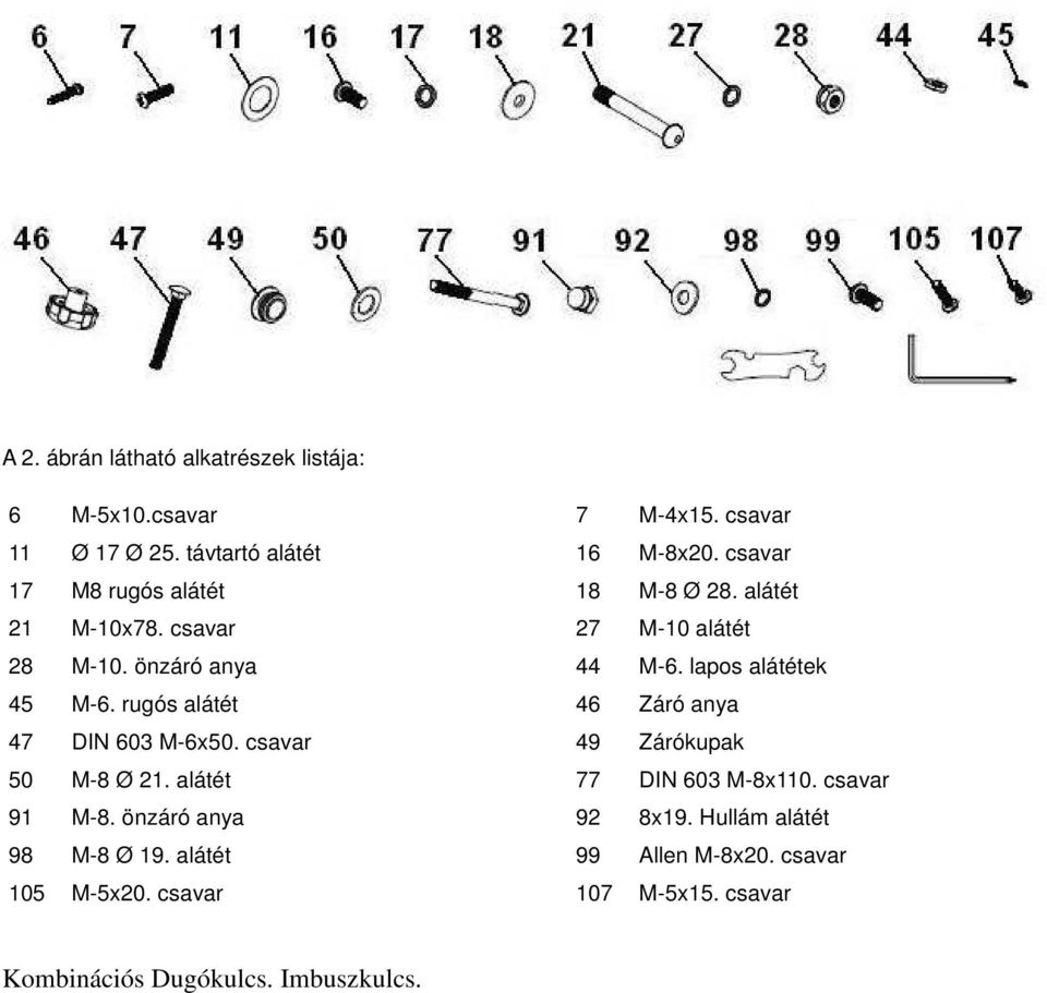 lapos alátétek 45 M-6. rugós alátét 46 Záró anya 47 DIN 603 M-6x50. csavar 49 Zárókupak 50 M-8 Ø 21. alátét 77 DIN 603 M-8x110.