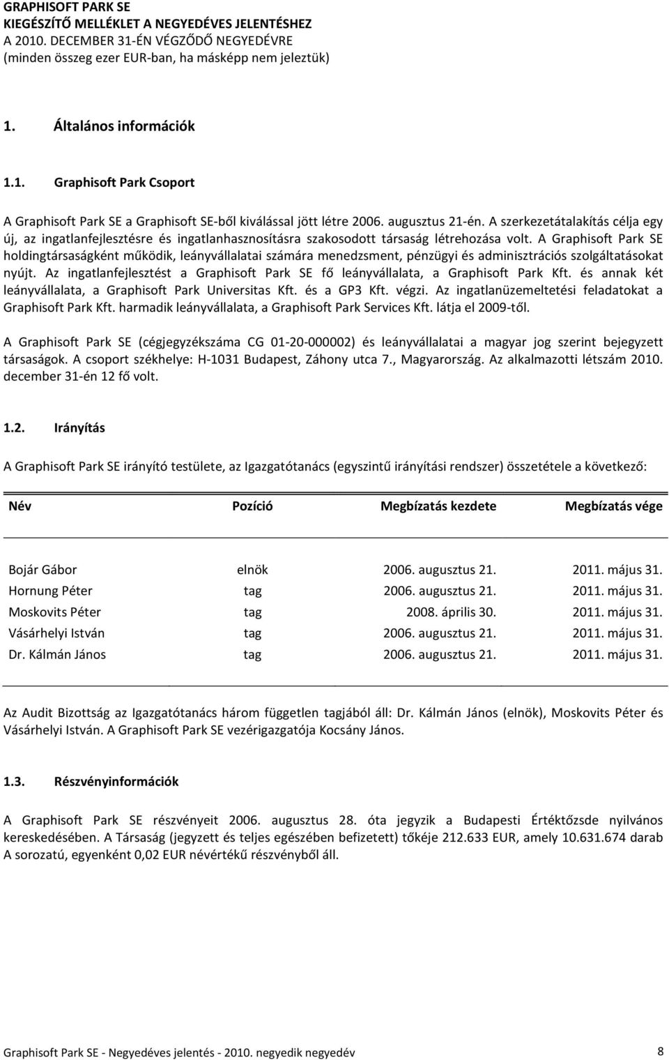 A Graphisoft Park SE holdingtársaságként működik, leányvállalatai számára menedzsment, pénzügyi és adminisztrációs szolgáltatásokat nyújt.