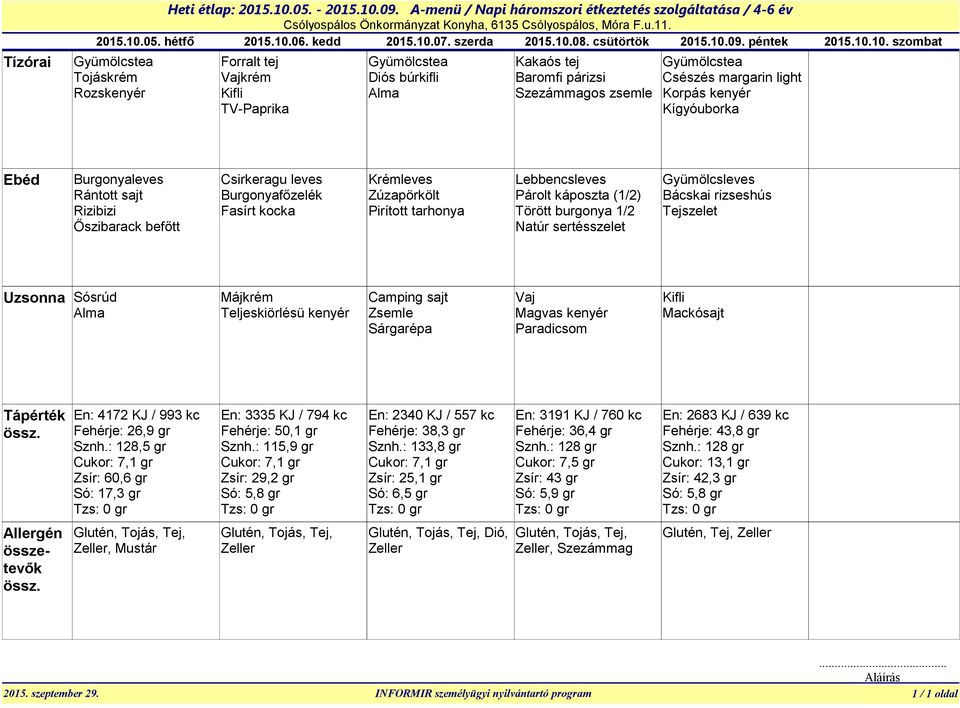 09. A-menü / Napi háromszori étkeztetés szolgáltatása / 4-6 év 2015.10.