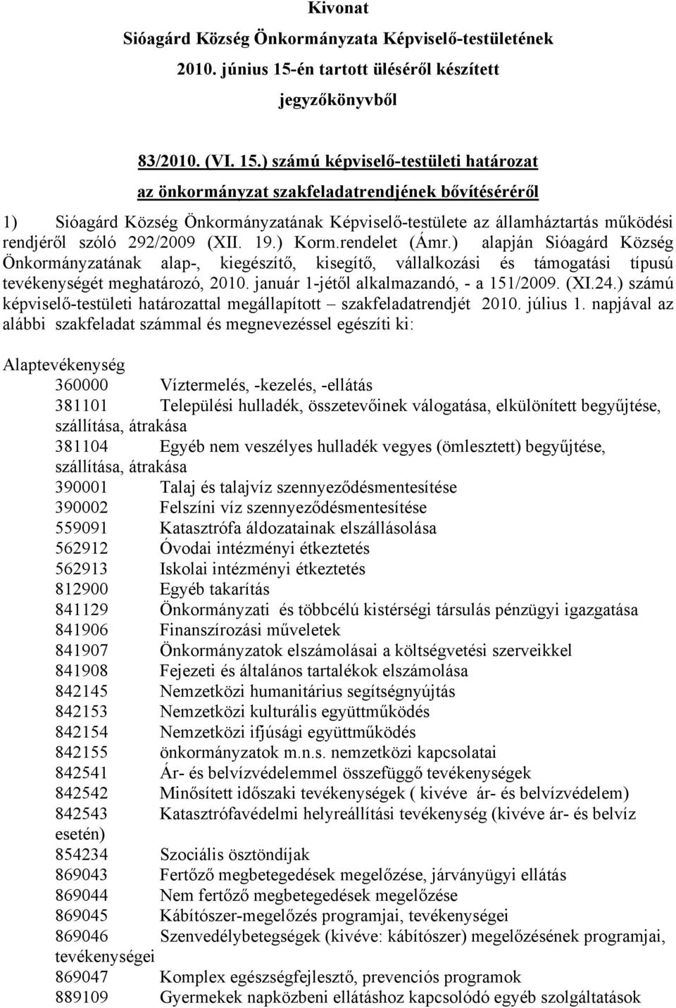 (XII. 19.) Korm.rendelet (Ámr.) alapján Sióagárd Község Önkormányzatának alap-, kiegészítő, kisegítő, vállalkozási és támogatási típusú tevékenységét meghatározó, 2010.