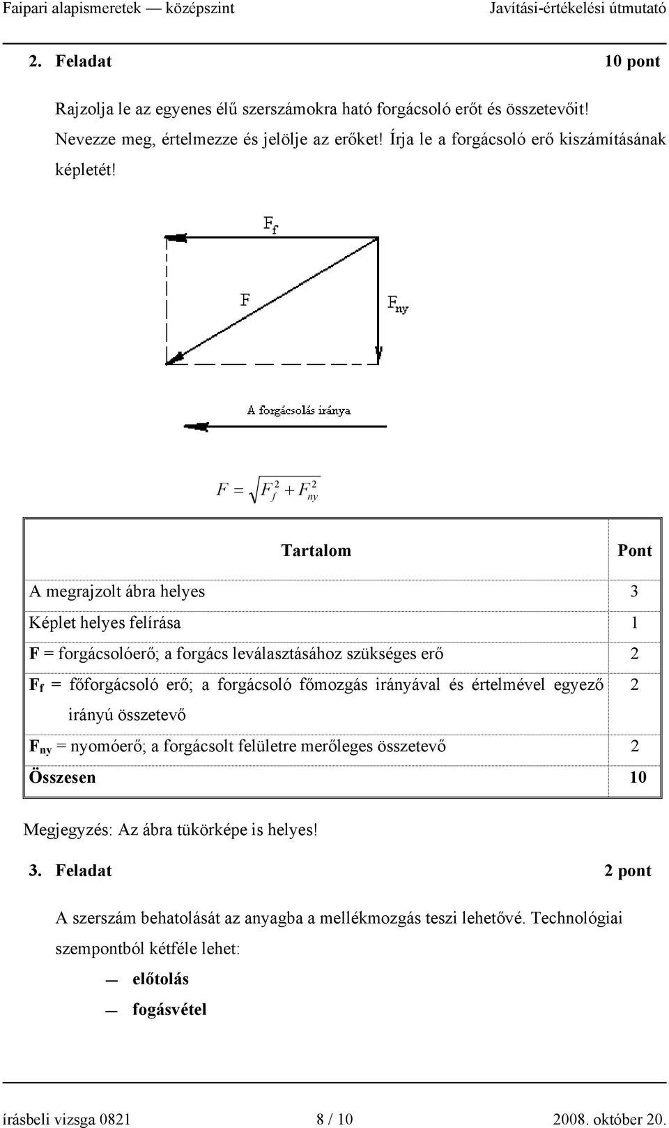 F = + 2 2 F f F y Pot A megrajzolt ábra helyes 3 Képlet helyes felírása 1 F = forgácsolóerő; a forgács leválasztásához szükséges erő 2 F f = főforgácsoló erő; a forgácsoló