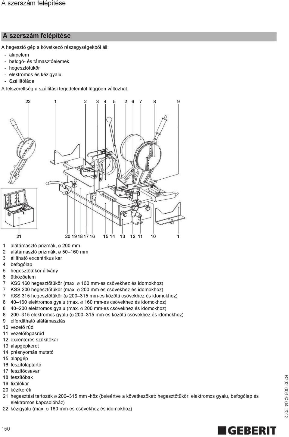 22 2 3 4 5 2 6 7 8 9 2 20 9 8 76 5 4 3 2 0 alátámasztó prizmák, ø 200 mm 2 alátámasztó prizmák, ø 50 60 mm 3 állítható excentrikus kar 4 befogólap 5 hegeszt tükör állvány 6 ütköz elem 7 KSS 60