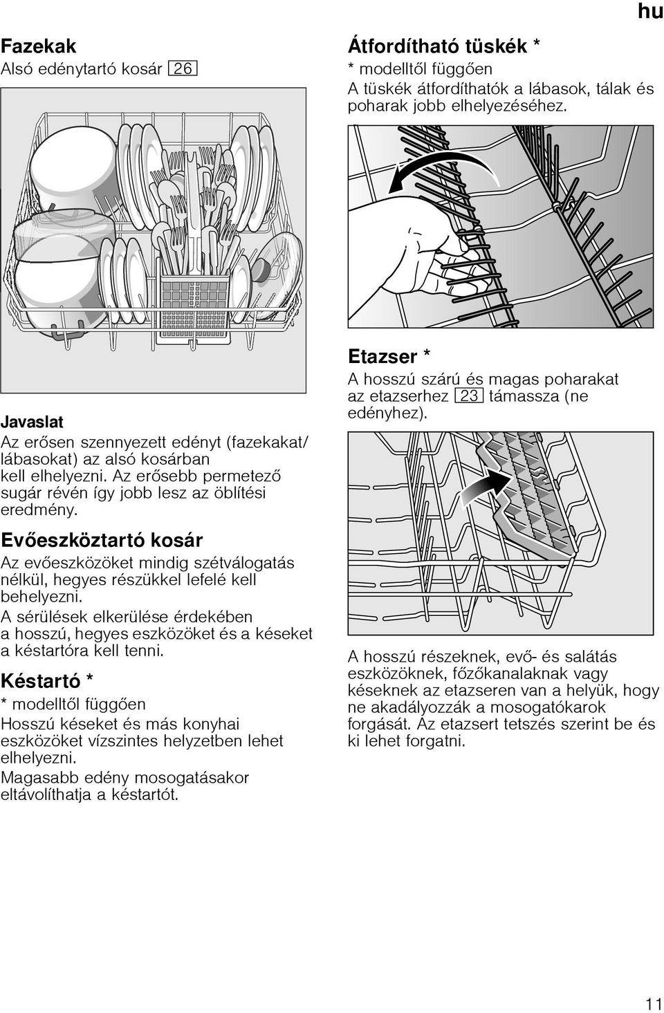 Ev eszköztartó kosár Az ev eszközöket mindig szétválogatás nélkül, hegyes részükkel lefelé kell behelyezni.