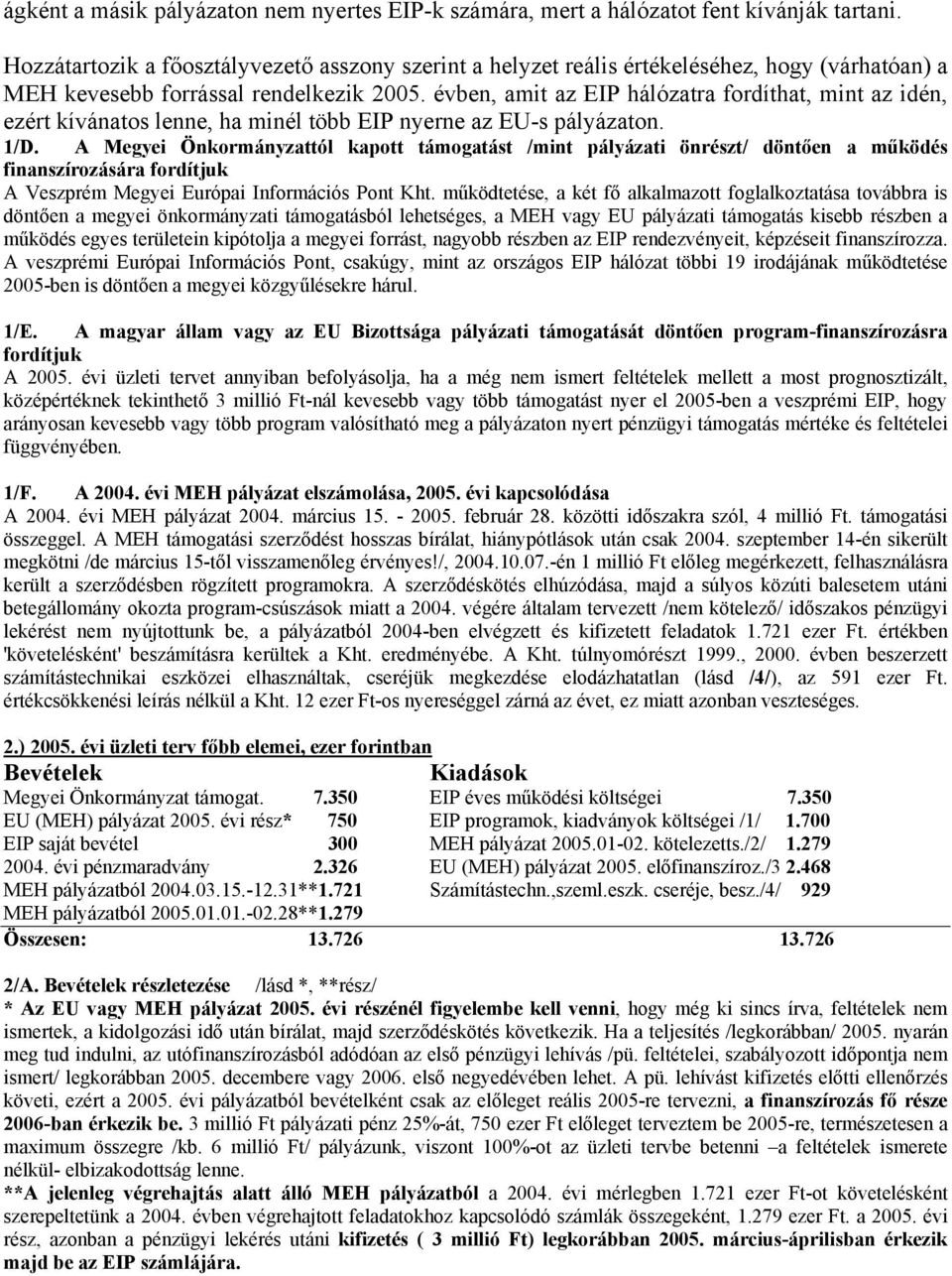 évben, amit az EIP hálózatra fordíthat, mint az idén, ezért kívánatos lenne, ha minél több EIP nyerne az EU-s pályázaton. 1/D.