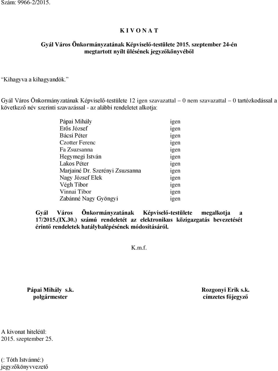 Szerényi Zsuzsanna Nagy József Elek Végh Tibor Vinnai Tibor Zabánné Nagy Gyöngyi igen igen igen igen igen igen igen igen igen igen igen igen Gyál Város