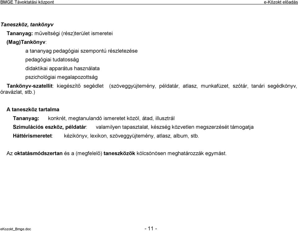 ) A taneszköz tartalma Tananyag: konkrét, megtanulandó ismeretet közöl, átad, illusztrál Szimulációs eszköz, példatár: valamilyen tapasztalat, készség közvetlen megszerzését