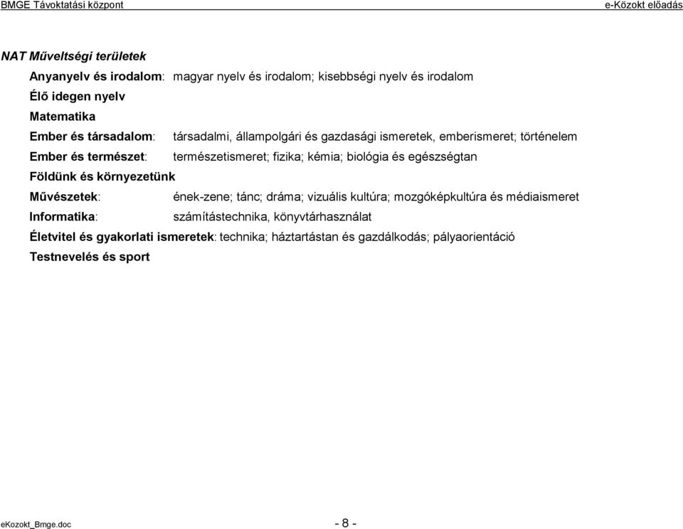 és egészségtan Földünk és környezetünk Művészetek: ének-zene; tánc; dráma; vizuális kultúra; mozgóképkultúra és médiaismeret Informatika: