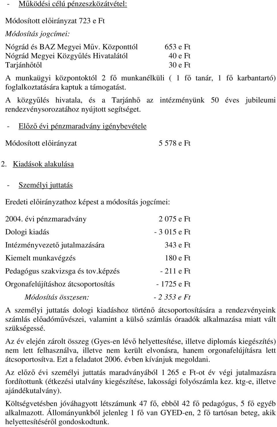 A közgyőlés hivatala, és a Tarjánhı az intézményünk 50 éves jubileumi rendezvénysorozatához nyújtott segítséget. - Elızı évi pénzmaradvány igénybevétele Módosított elıirányzat 5 578 e Ft 2.