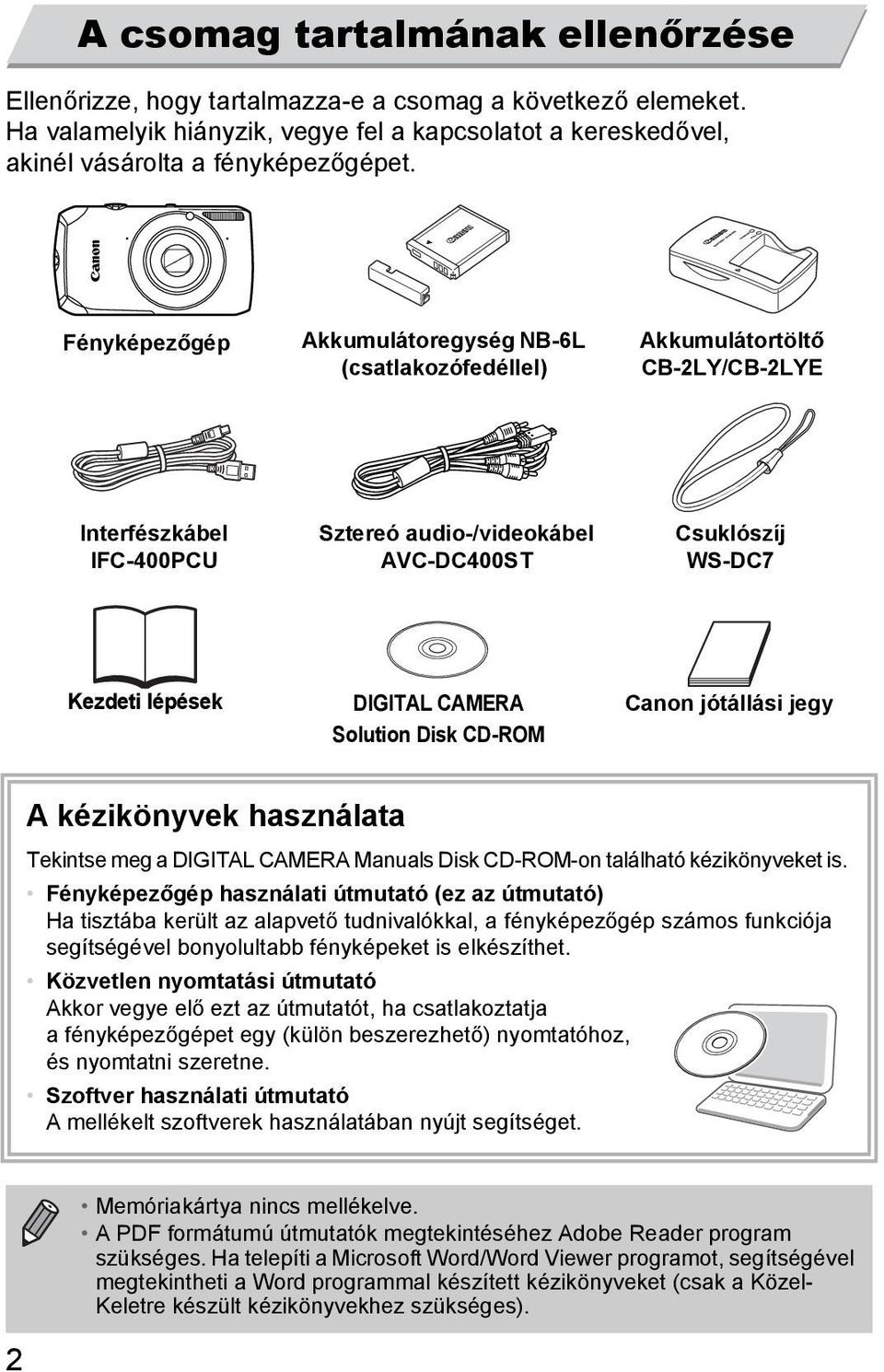 CAMERA Solution Disk CD-ROM Canon jótállási jegy A kézikönyvek használata Tekintse meg a DIGITAL CAMERA Manuals Disk CD-ROM-on található kézikönyveket is.