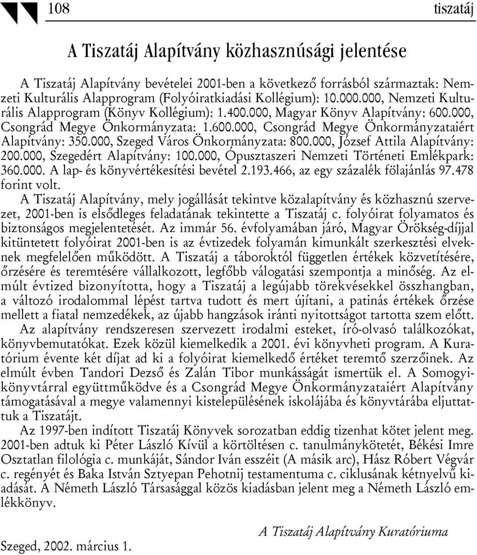 000, Szeged Város Önkormányzata: 800.000, József Attila Alapítvány: 200.000, Szegedért Alapítvány: 100.000, Ópusztaszeri Nemzeti Történeti Emlékpark: 360.000. A lap- és könyvértékesítési bevétel 2.