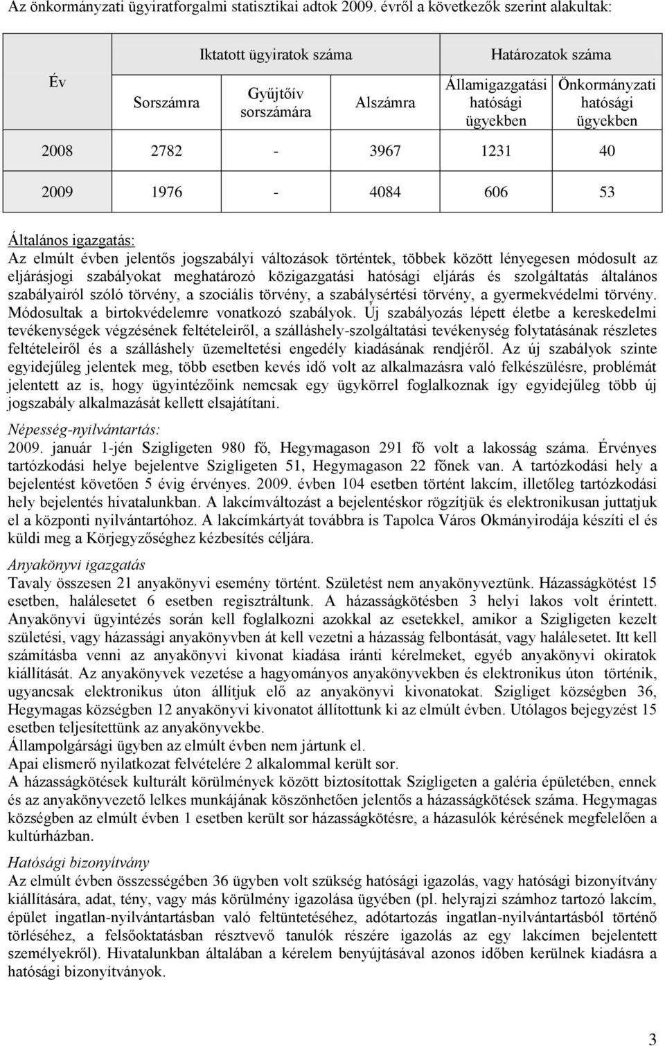 2782-3967 1231 40 2009 1976-4084 606 53 Általános igazgatás: Az elmúlt évben jelentős jogszabályi változások történtek, többek között lényegesen módosult az eljárásjogi szabályokat meghatározó