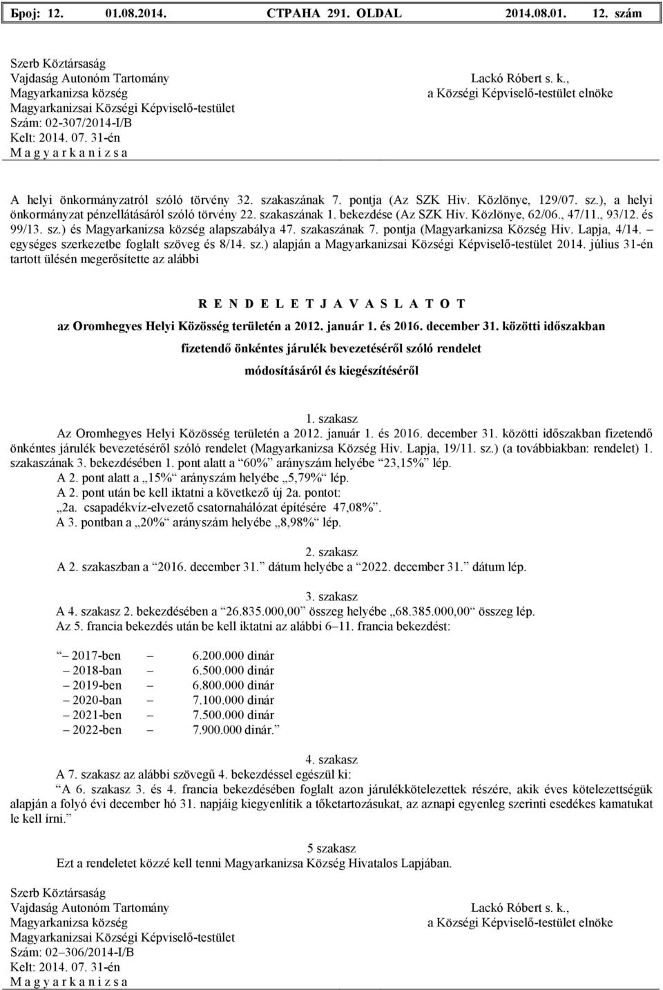 egységes szerkezetbe foglalt szöveg és 8/14. sz.) alapján a 2014. július 31-én tartott ülésén megerısítette az alábbi R E N D E L E T J A V A S L A T O T az Oromhegyes Helyi Közösség területén a 2012.