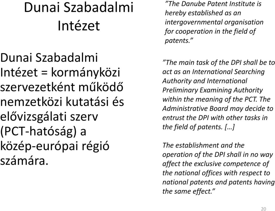 The main task of the DPI shall be to act as an International Searching Authority and International Preliminary Examining Authority within the meaning of the PCT.