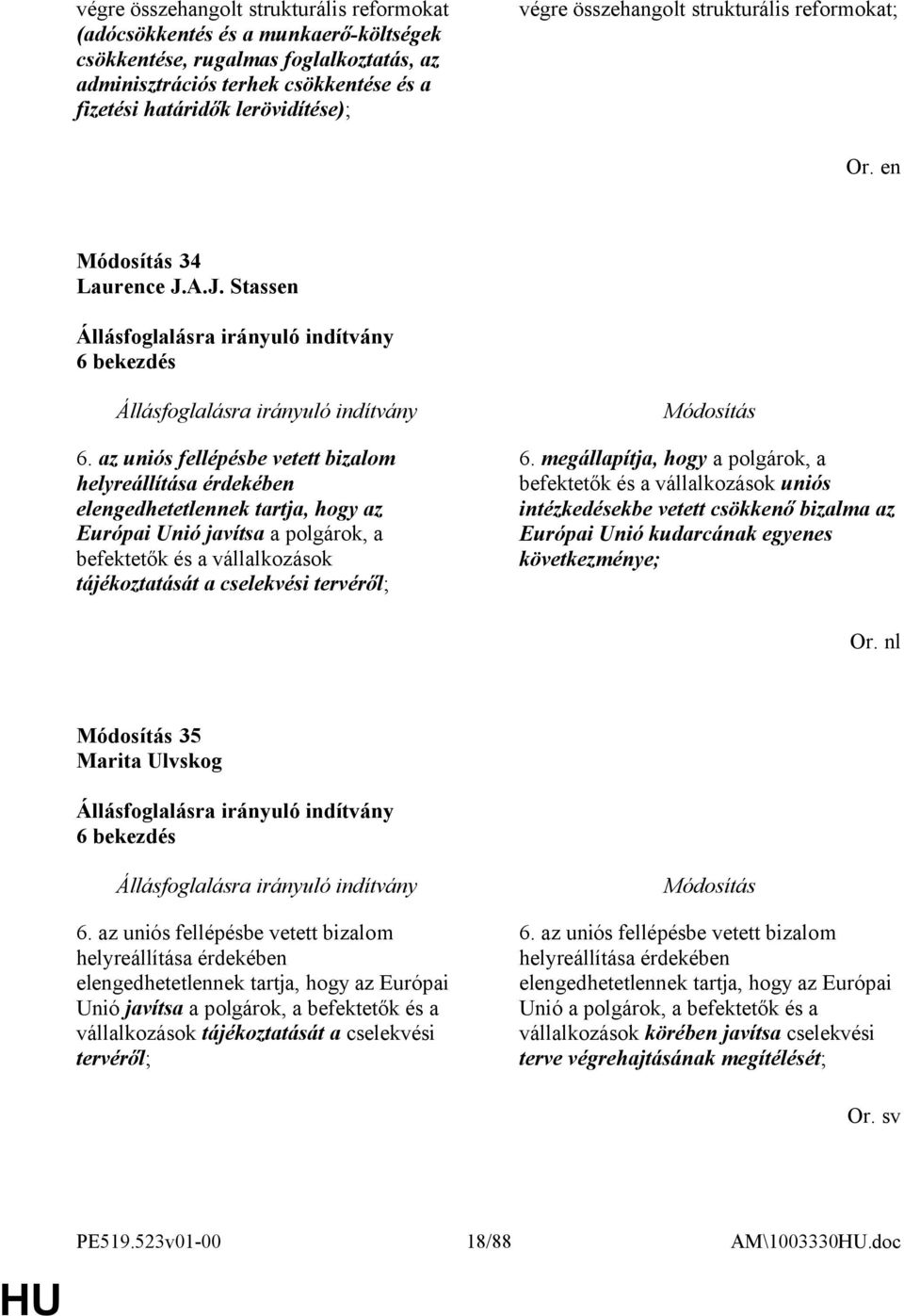 az uniós fellépésbe vetett bizalom helyreállítása érdekében elengedhetetlennek tartja, hogy az Európai Unió javítsa a polgárok, a befektetők és a vállalkozások tájékoztatását a cselekvési tervéről; 6.