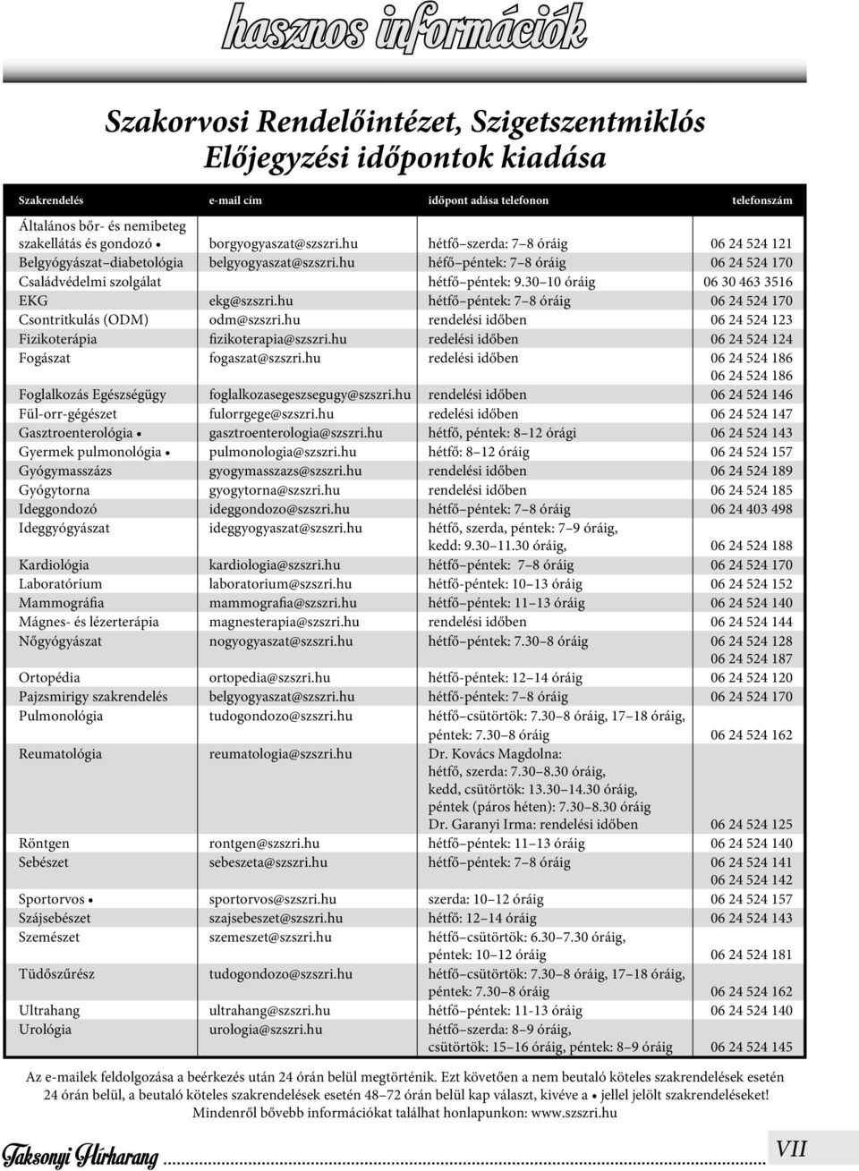 30 10 óráig 06 30 463 3516 EKG ekg@szszri.hu hétfő péntek: 7 8 óráig 06 24 524 170 Csontritkulás (ODM) odm@szszri.hu rendelési időben 06 24 524 123 Fizikoterápia fizikoterapia@szszri.