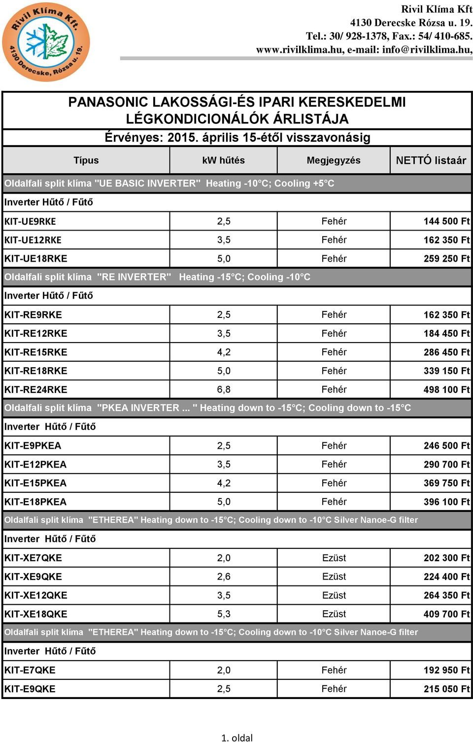 .. " Heating down to -15 C; Cooling down to -15 C KIT-E9PKEA 2,5 Fehér 246 500 Ft KIT-E12PKEA 3,5 Fehér 290 700 Ft KIT-E15PKEA 4,2 Fehér 369 750 Ft KIT-E18PKEA 5,0 Fehér 396 100 Ft Oldalfali split