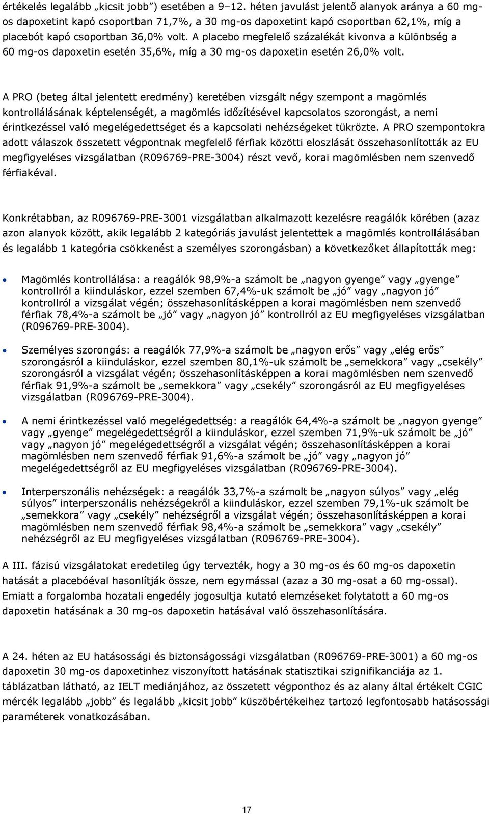A placebo megfelelő százalékát kivonva a különbség a 60 mg-os dapoxetin esetén 35,6%, míg a 30 mg-os dapoxetin esetén 26,0% volt.