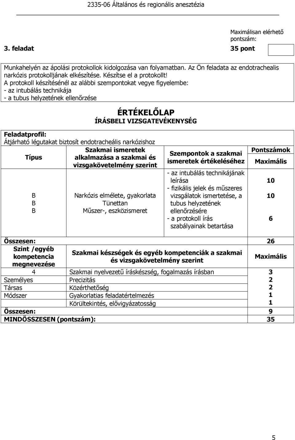 A protokoll készítésénél az alábbi szempontokat vegye figyelembe: - az intubálás technikája - a tubus helyzetének ellenırzése ÍRÁSELI VIZSGATEVÉKENYSÉG Átjárható légutakat biztosít endotracheális