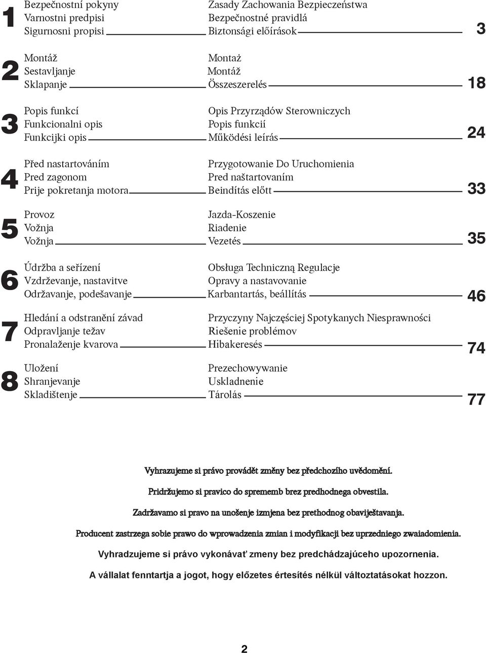 Uruchomienia Pred naštartovaním Beindítás előtt 33 5 Provoz Vožnja Vožnja Jazda-Koszenie Riadenie Vezetés 35 6 Údržba a seøízení Vzdrževanje, nastavitve Održavanje, podešavanje Obs³uga Techniczn¹