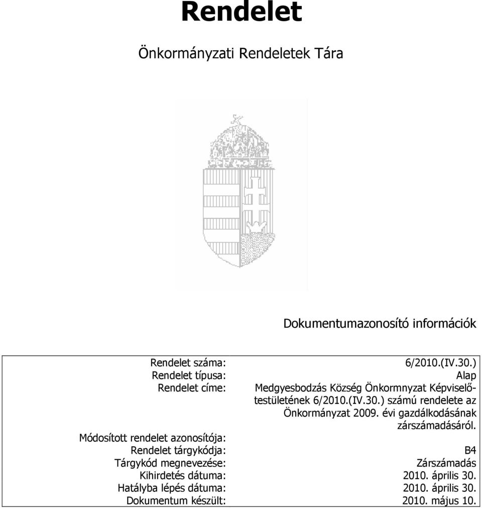 ) Alap Medgyesbodzás Község Önkormnyzat Képviselıtestületének 6/2010.(IV.30.) számú rendelete az Önkormányzat 2009.