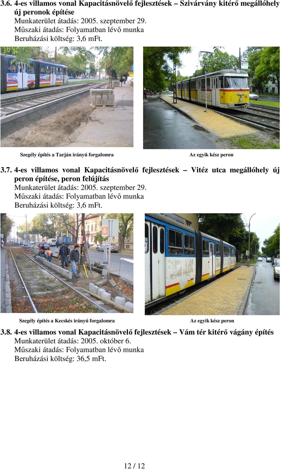 4-es villamos vonal Kapacitásnövelı fejlesztések Vitéz utca megállóhely új peron építése, peron felújítás Munkaterület átadás: 2005. szeptember 29.