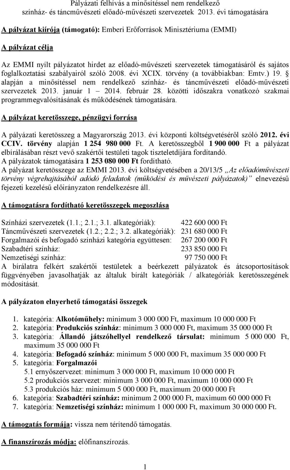 foglalkoztatási szabályairól szóló 2008. évi XCIX. törvény (a továbbiakban: Emtv.) 19. alapján a minősítéssel nem rendelkező színház- és táncművészeti előadó-művészeti szervezetek 2013. január 1 2014.