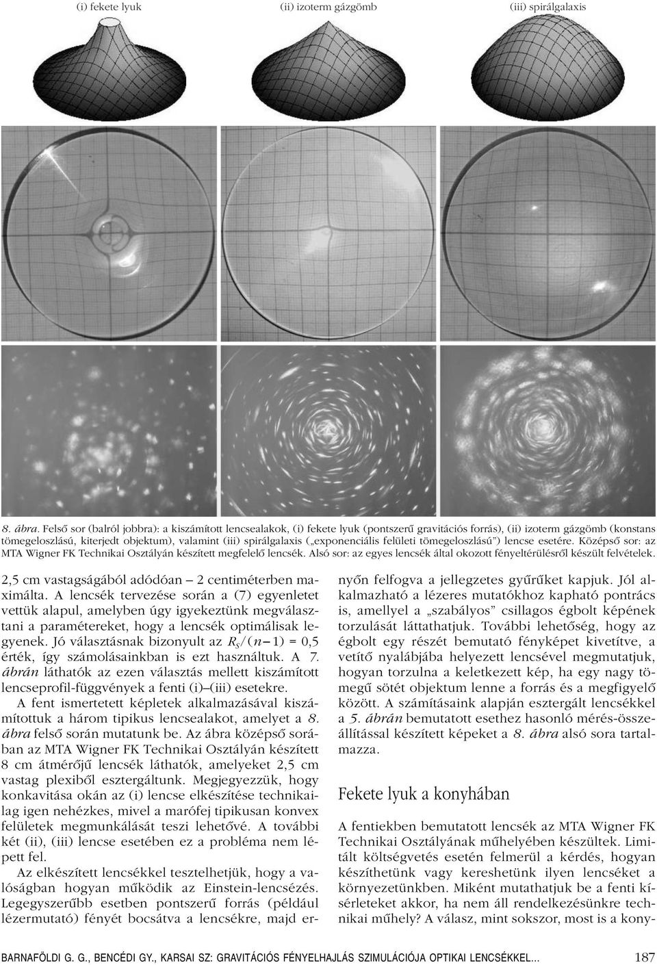 ( exponenciális felületi tömegeloszlású ) lencse esetére. Középsô sor: az MTA Wigner FK Technikai Osztályán készített megfelelô lencsék.