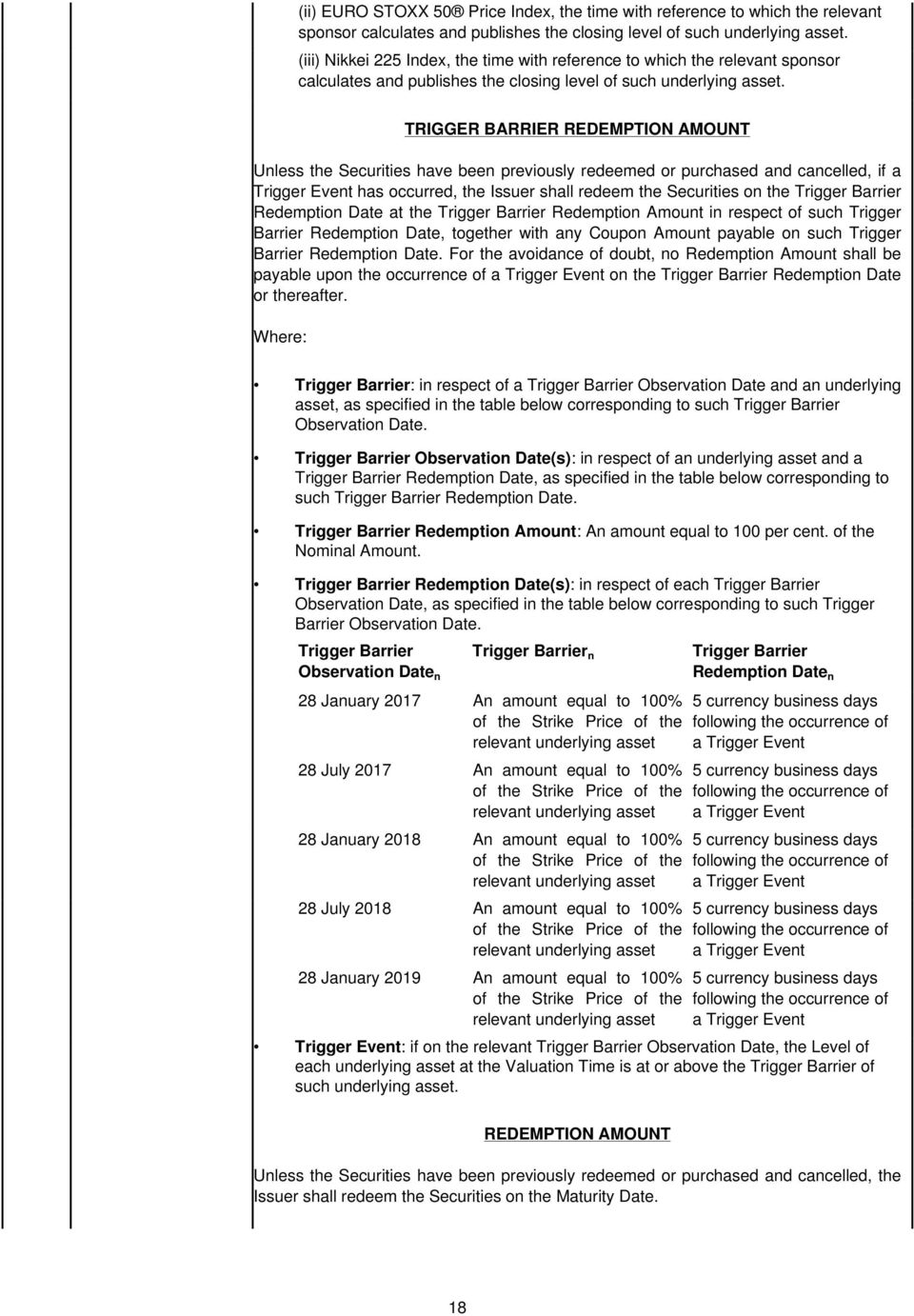 TRIGGER BARRIER REDEMPTION AMOUNT Unless the Securities have been previously redeemed or purchased and cancelled, if a Trigger Event has occurred, the Issuer shall redeem the Securities on the