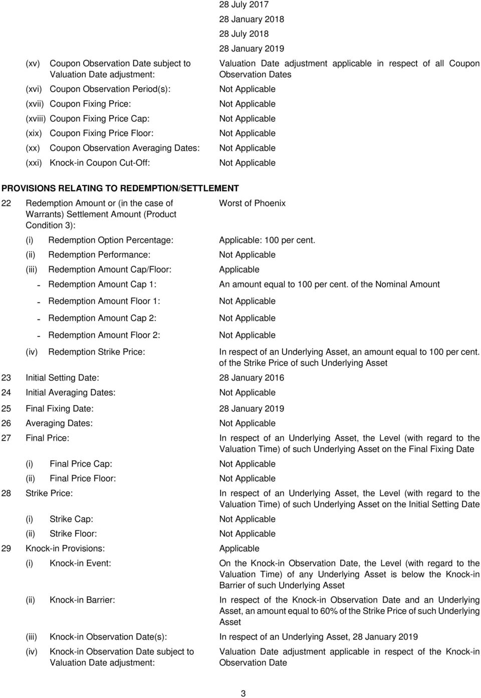 Coupon Cut-Off: PROVISIONS RELATING TO REDEMPTION/SETTLEMENT 22 Redemption Amount or (in the case of Warrants) Settlement Amount (Product Condition 3): Worst of Phoenix (i) Redemption Option