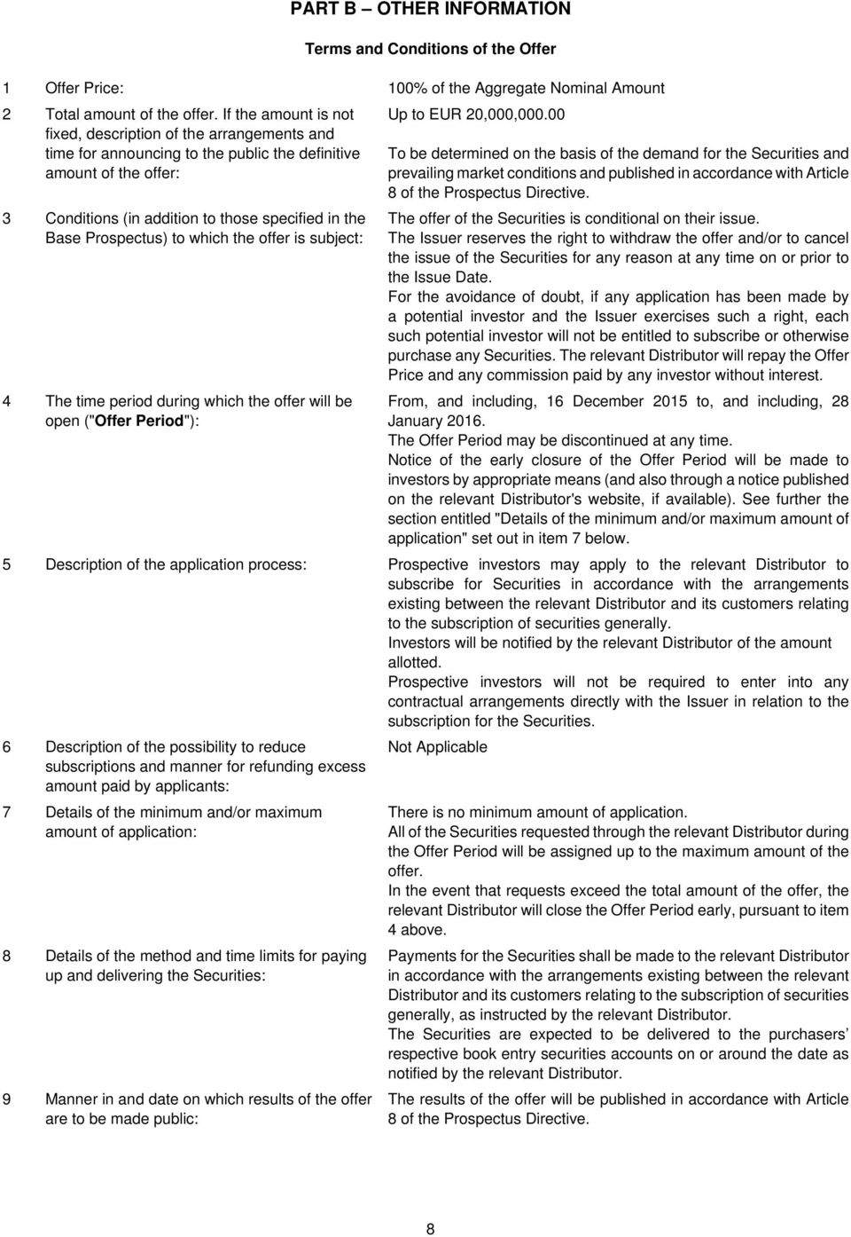 Prospectus) to which the offer is subject: 4 The time period during which the offer will be open ("Offer Period"): Up to EUR 20,000,000.