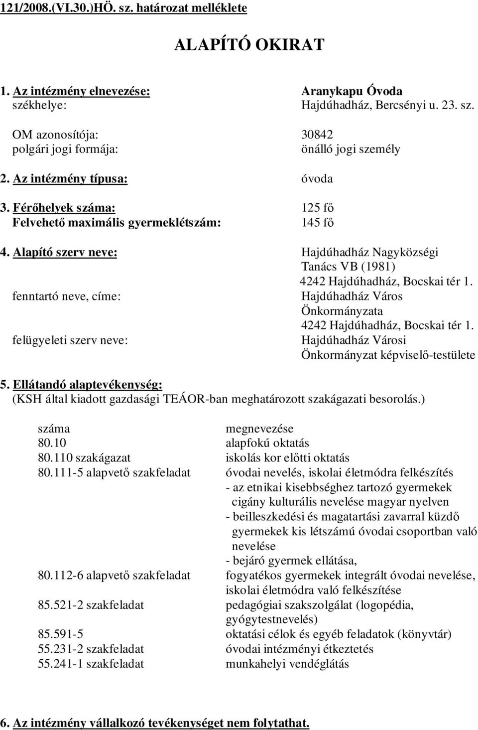 fenntartó neve, címe: Hajdúhadház Város Önkormányzata 4242 Hajdúhadház, Bocskai tér 1. felügyeleti szerv neve: Hajdúhadház Városi Önkormányzat képviselő-testülete 5.