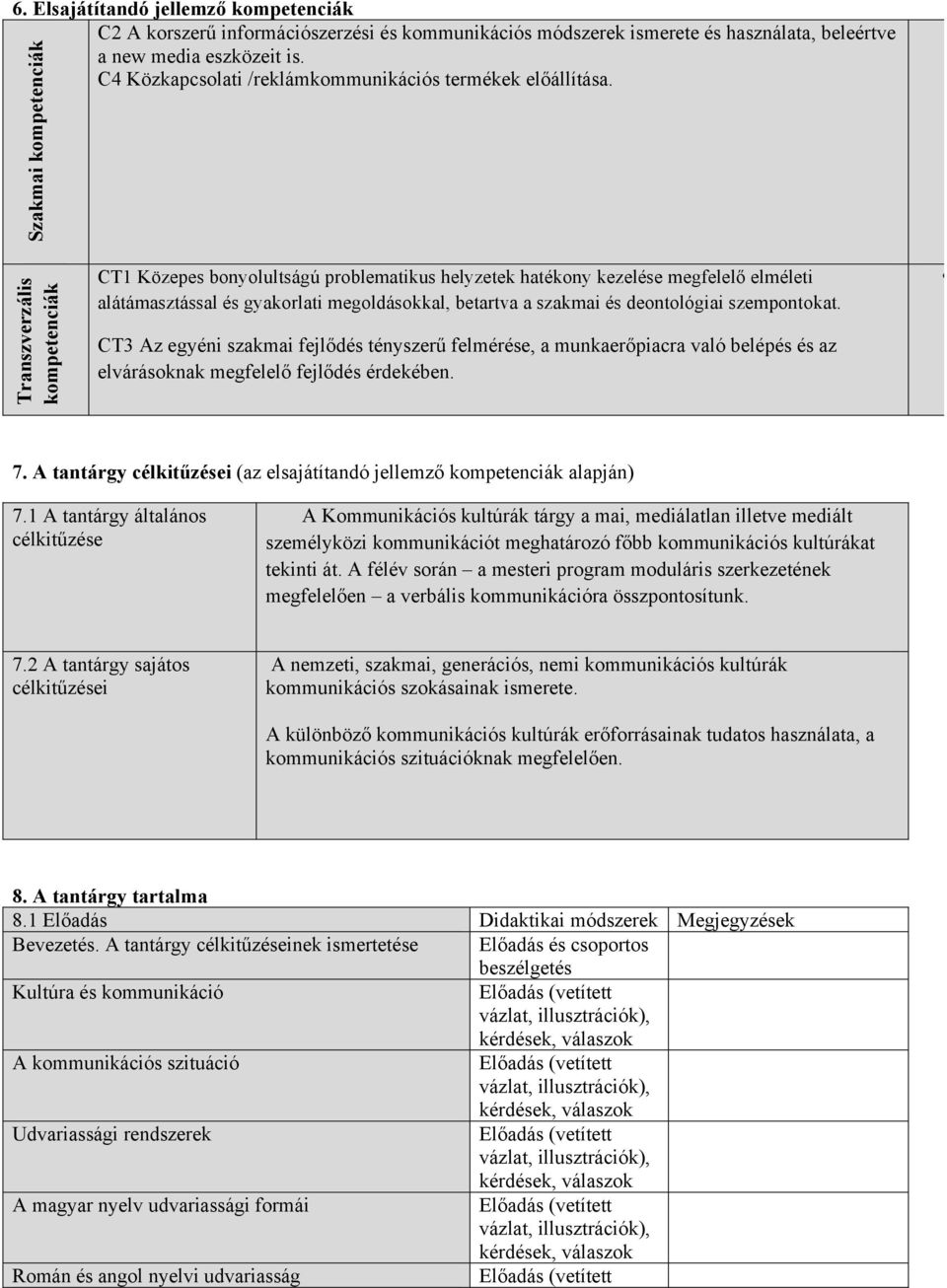 Szakmai kompetenciák Transzverzális kompetenciák CT1 Közepes bonyolultságú problematikus helyzetek hatékony kezelése megfelelő elméleti alátámasztással és gyakorlati megoldásokkal, betartva a szakmai