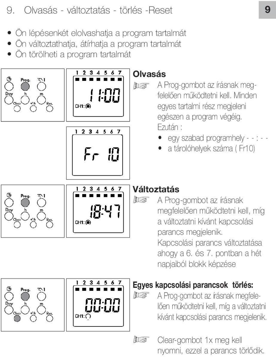 Ezután : egy szabad programhely - - : - - a tárolóhelyek száma ( Fr10) Változtatás A Prog-gombot az írásnak megfelelően működtetni kell, míg a változtatni kívánt kapcsolási parancs megjelenik.