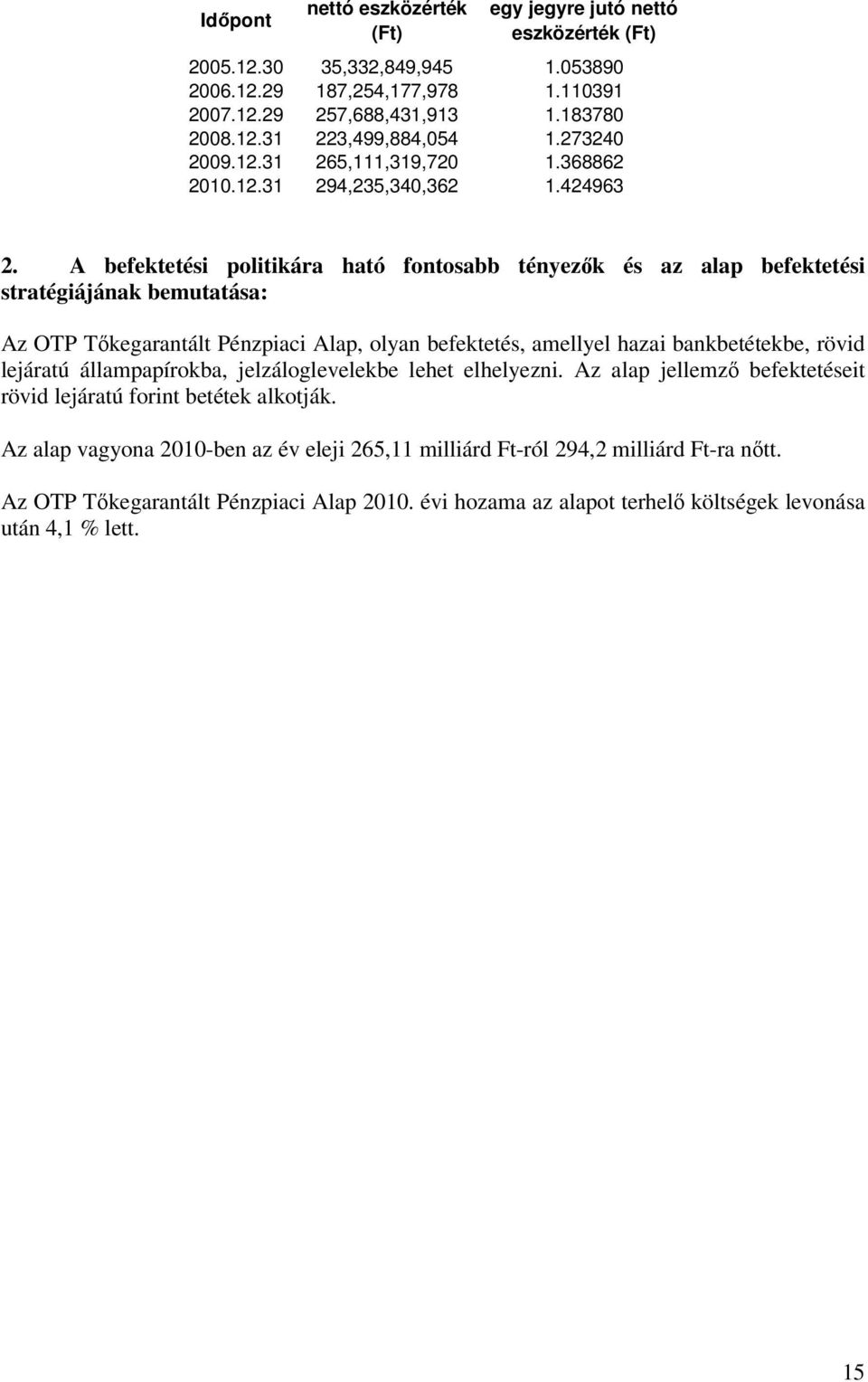 A befektetési politikára ható fontosabb tényezık és az alap befektetési stratégiájának bemutatása: Az OTP Tıkegarantált Pénzpiaci Alap, olyan befektetés, amellyel hazai bankbetétekbe, rövid lejáratú