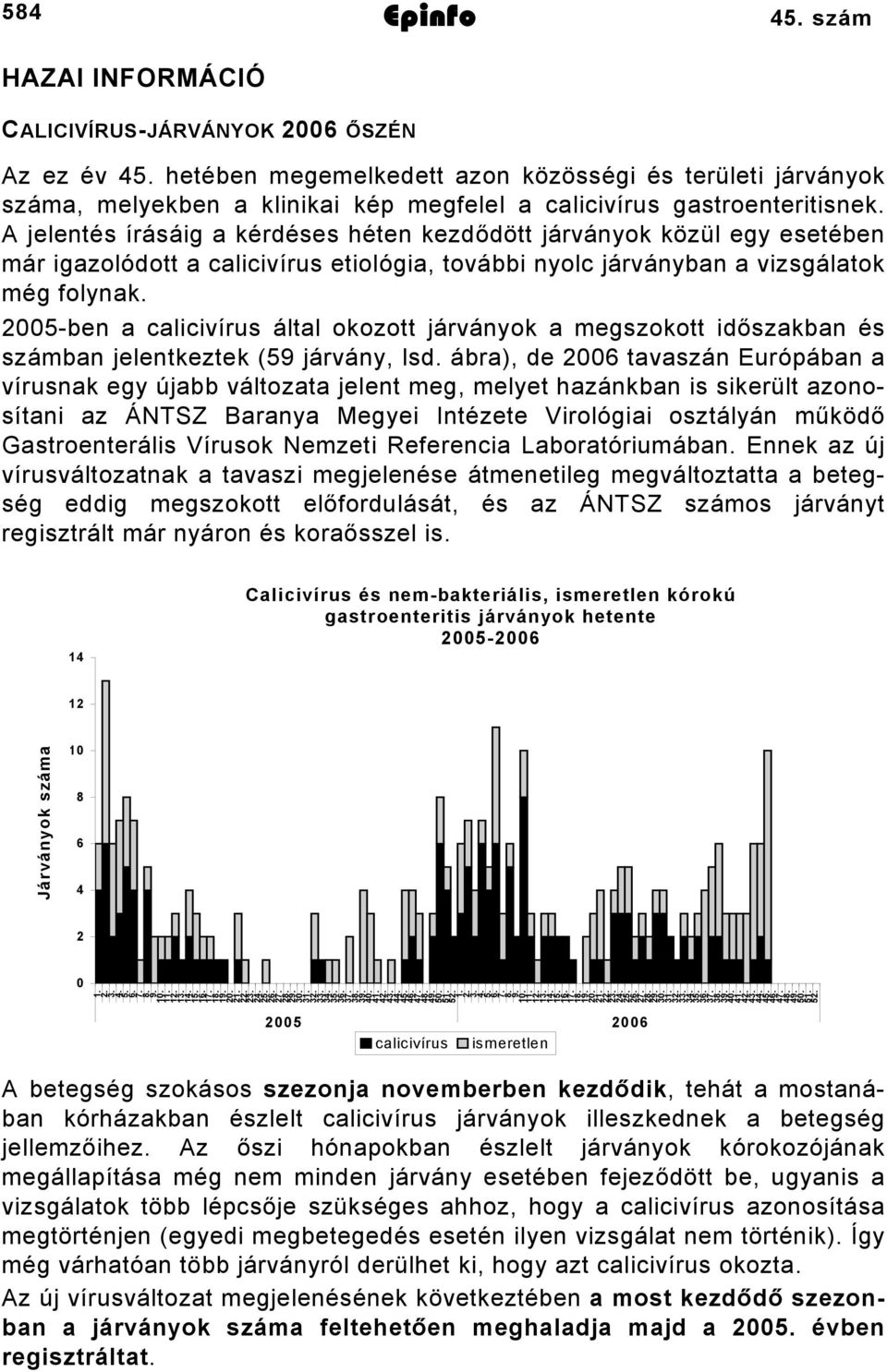 A jelentés írásáig a kérdéses héten kezdődött járványok közül egy esetében már igazolódott a calicivírus etiológia, további nyolc járványban a vizsgálatok még folynak.