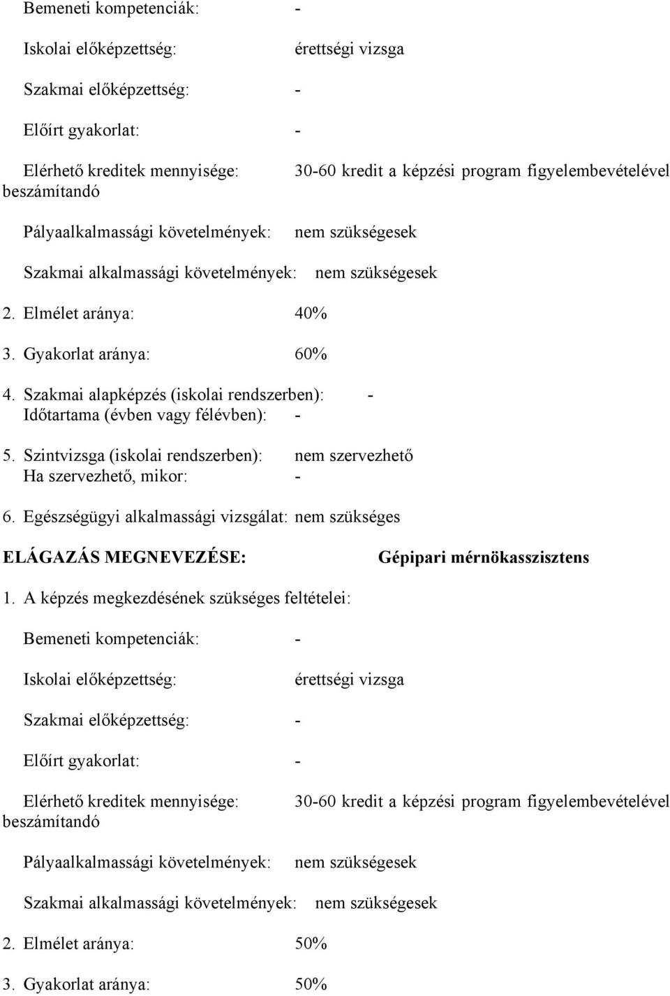 Szakmai alapképzés (iskolai rendszerben): - Időtartama (évben vagy félévben): - 5. Szintvizsga (iskolai rendszerben): nem szervezhető Ha szervezhető, mikor: - 6.