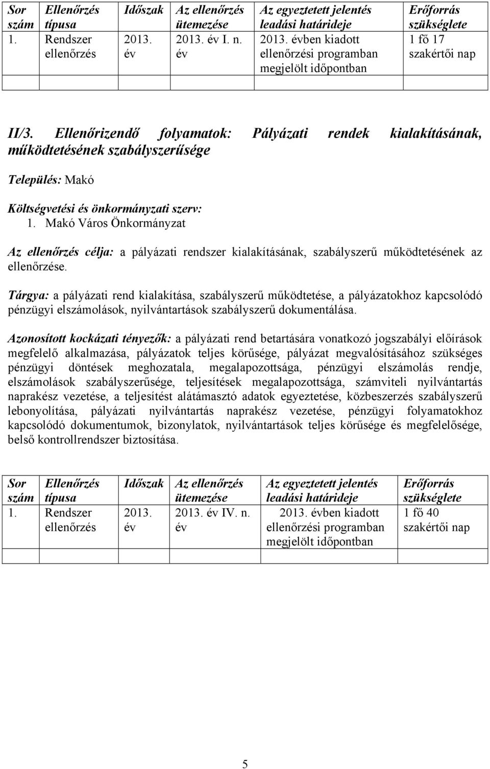 Ellenőrizendő folyamatok: Pályázati rendek kialakításának, működtetésének szabályszerűsége Település: Makó Költségvetési és önkormányzati szerv: 1.